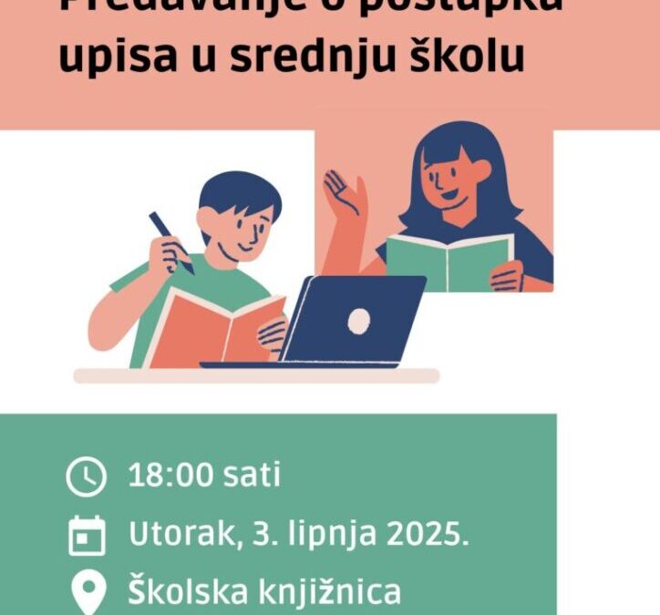 3. LIPNJA, 18:00 – Predavanje o postupku upisa u srednje škole za roditelje učenika 8. razreda