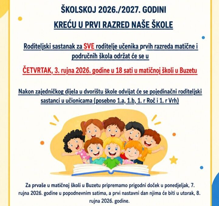 Roditeljski sastanak za roditelje učenika 1. razreda šk. god. 2026./2027.